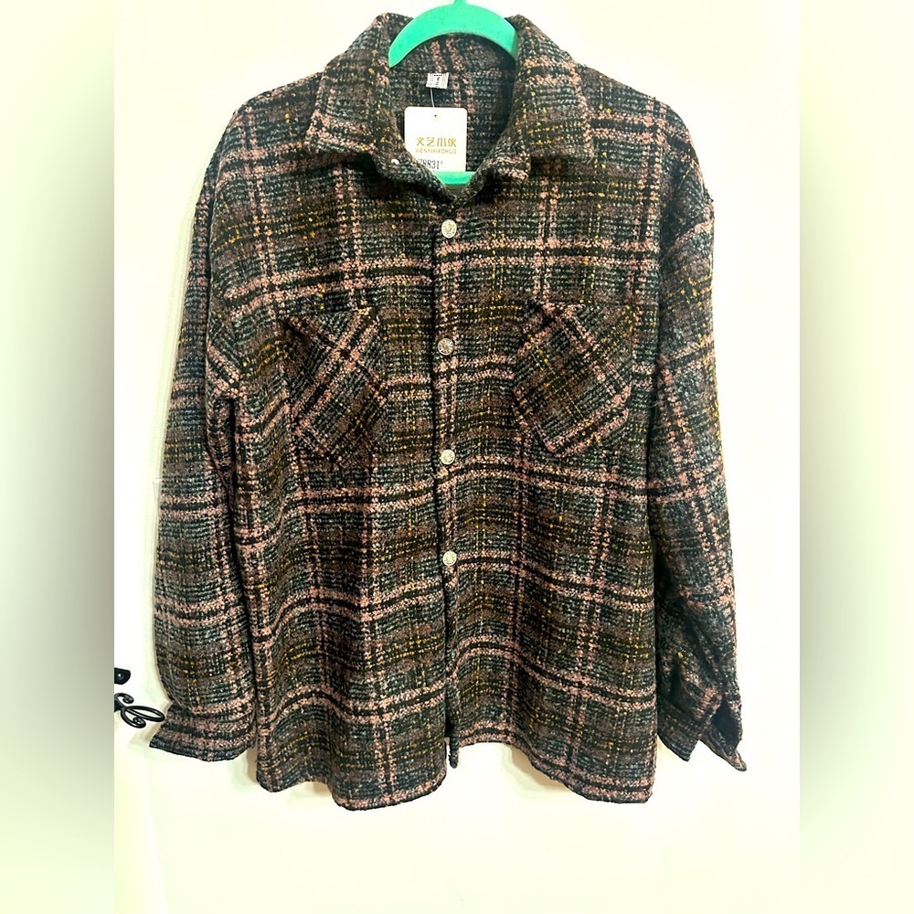 Unisex Shacket thick shirt plaid pink grey brown size xxl NWT